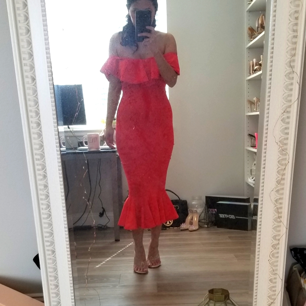 Fashion Nova Off Shoulder Midi Dress Red